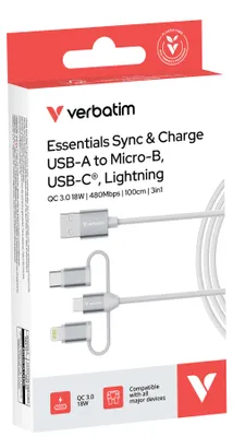 Image de Verbatim 32394 Verbatim Sync & Charge 3-in-1 USB A to USB-B&C/Lightning