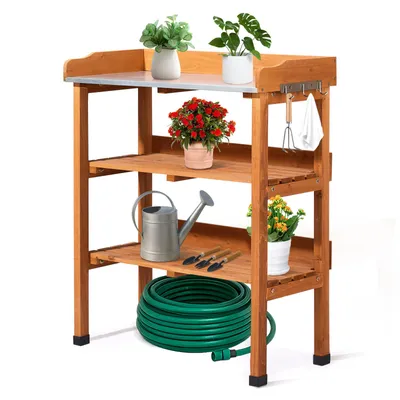 Immagine prodotto di Tavolo da giardinaggio FCH con 3 ripiani, tavolo da giardinaggio con piano di lavoro zincato, tavolo da giardino per fiori da esterno, resistente alle intemperie, 74x36x90 cm, color legno