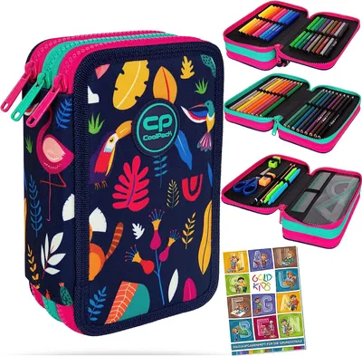 Produktbild von Federtasche 3-fache Federmappe Lady Color Federmäppchen 46-teilig gefüllte Schüleretui Stifte und Pinsel inkl. Aufgabenheft Federbox Etui Stiftetasche Schlamper-Etui Schul-Etui
