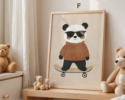 Produktbild von Skateboard Waldtiere Poster Kinderzimmer · Geschenkidee für Kinder · Fuchs Panda Bär Giraffe Faultier · Kinderzimmer Deko · Deko Print ohne Rahmen · Motiv F · 21×30cm