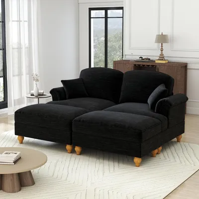Produktbild von Modulares U-förmiges 2-Sitzer Sofa mit Hocker und Rüschenschürze 194 cm Chenille Schwarz