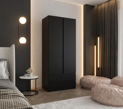 Produktbild von Drehtürenschrank 190x70x48 cm Schwarz mit 2 Schubladen – Moderner Kleiderschrank ideal für Schlafzimmer und Flur