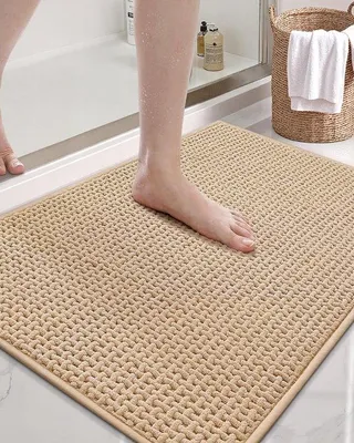 Produktbild von Ibenzoa® Chenille-Badematte 44 x 75 cm für Badezimmer – saugfähig & schnelltrocknend, rutschfeste Gummirückseite, maschinenwaschbar, Beige
