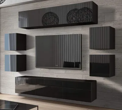 Obrázek produktu pro Furnitech Obývací stěna - Nábytek do obývacího pokoje s LED Bílá - Závěsná skříňka moderní - Obývací stěna s policemi a TV skříňkou (Future C42/HG/B/1 1C)
