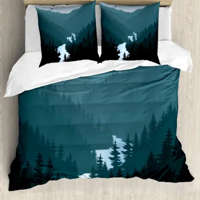 Produktbild von ABAKUHAUS holzig Bettbezug Set für Einzelbetten, Gebirge Wald und Fluss, Milbensicher Allergiker geeignet mit Kissenbezug, 155 cm x 220 cm - 80 x 80 cm, Petrol Blau Dunkel Teal
