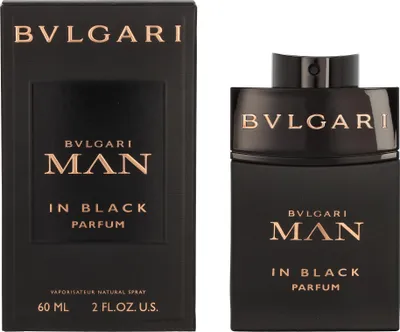 A black perfume box and bottle are displayed side-by-side on a white background.