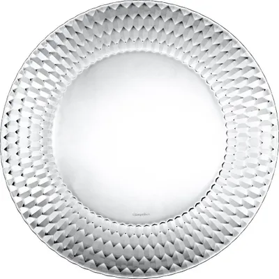 A clear, top-down view of a round, clear glass charger plate with a textured rim.