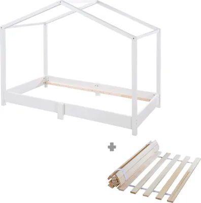 Produktbild von roba Hausbett 70 x 140 cm mit Lattenrost - Bodentiefes Kinderbett nach Montessori Prinzip - Erweiterbar mit Hausbettbezug - Holz weiß lackiert