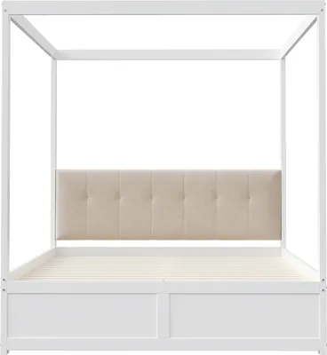 Produktbild von Himmelbett 140x200cm Doppelbett (Ohne Matratze) Weiß Holzbett Jugendbett Mit großen Schubladen und weicher Rückenlehne Zeltbett Modulares Bett