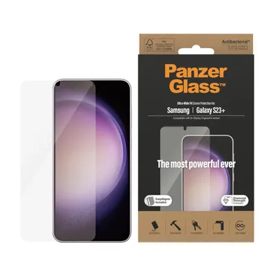 Obrázek produktu pro PanzerGlass ® Screen Protector Samsung Galaxy S23+ | Ultra-Wide Fit w. EasyAligner, Samsung, Samsung - Galaxy S23+, Aplikace nasucho, Odolné proti poškrábání, Odolný proti nárazům, Antibakteriální, Průhledná, 1 kusů
