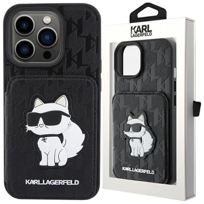 Produktbild von Karl Lagerfeld KLHCP15XSAKCNSCK iPhone 15 Pro Max 6.7" schwarz hardcase Saffiano Cardslots and Stand Monogram Choupette Schutzhülle