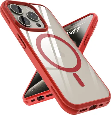 Immagine prodotto di Custodia per Apple iPhone 15 PRO protettiva in ROSSO Custodia compatibile MagSafe con retro trasparente