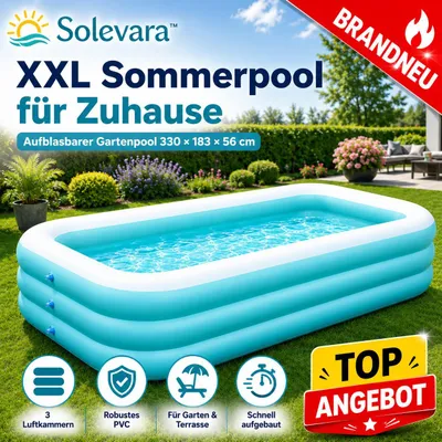 Produktbild von Solevara™ Aufblasbarer Pool 330x183x56 cm, Familienpool mit Sitzflächen, robuster Gartenpool für Sommer & Terrasse