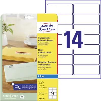 Produktbild von Avery Zweckform J8563-25 Adress-Etiketten, A4, 99,1 x 38,1 mm, 25 Bogen/350 Etiketten, transparent
