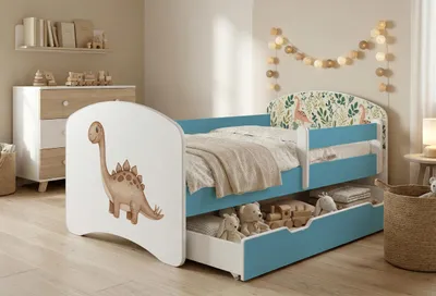 Produktbild von Happy Babies Kinderbett mit Rausfallschutz Junge 140x70 Bett für Kinderzimmer mit Schublade Matratze Einzelbett für Kinder, Blau, Bunte Aufkleber