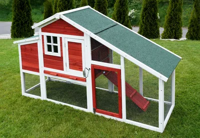 Produktbild von MyAnimal Hühnerstall MH-32 | Für 4 Hühner - Hühnerhaus Zweistöckig - 2 Sitzstangen - Nistkasten - Eiablage - Freilaufgehege (Rot/Weiß 2.0)