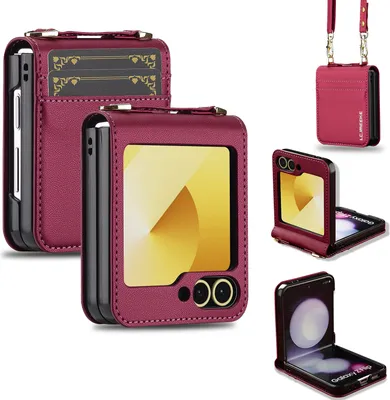 Immagine prodotto di Custodia flip crossbody in pelle per Samsung Galaxy Z Flip6 / Z Flip7 FE 5G, con laccetto da collo e slot per carte di credito Rosso