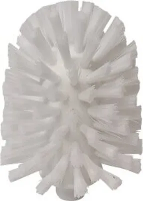 A close-up view of the head of a white toilet brush.