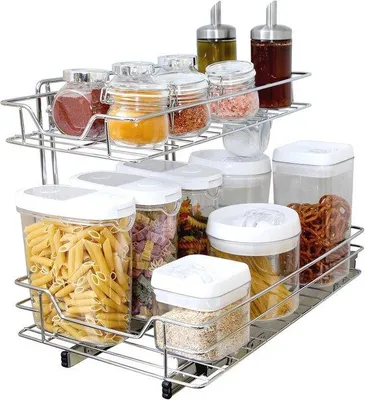 Produktbild von 2-Tier Roll Out Under Sink Organizer - Mit Montagematerial - Medium - Stahl Metall - Geeignet für 100 lbs - Perfekt für Gehäuse und Küchenzubehör - 18-32 x 14 Zoll