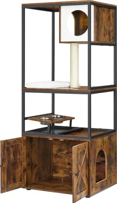 Produktbild von Feandrea Kratzbaum, mit Katzenklo-Schrank, erhöhter Napfständer, waschbare Kissen Vintagebraun