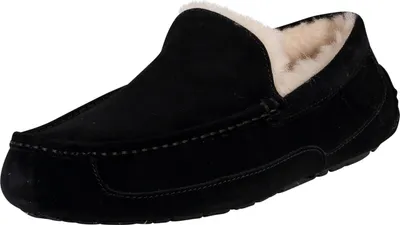 A black suede slipper with white fur lining.