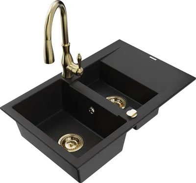 Produktbild von Mexen Gaspar 1,5-Becken-Granitspüle mit Abtropffläche und Mischbatterie Savita, Schwarz - 6507-77-672601-50
