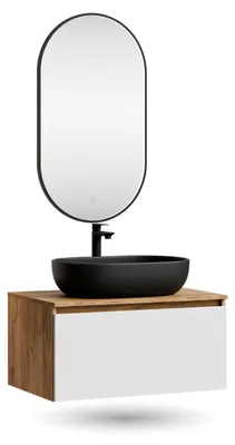 Produktbild von ARISA Badmöbel Set in Weiß – Mit "Glora" LED Spiegel und schwarzem Keramik-Aufsatzwaschbecken 60 cm