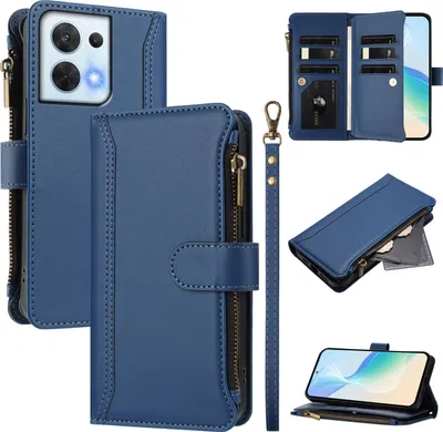 Image de Etui pour Oppo Reno8 5G, zippé, étui portefeuille en cuirPolyuréthaneavec pochettes pour cartes, support et dragonne bleu