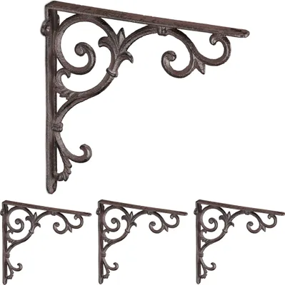 Immagine prodotto di Relaxdays Staffe per scaffali, set da 4, ghisa, staffe per scaffali in stile antico, staffe per ripiani, A x L x P: 24,5 x 4 x 24,5 cm, marrone