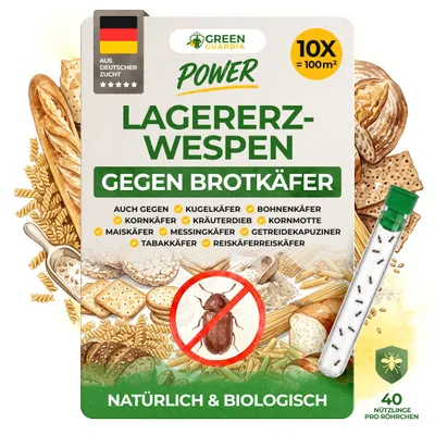 Produktbild von GREEN GUARDIA Lagererzwespen gegen Brotkäfer - 10 Röhrchen à 40 Nützlinge - effektiv Kornkäfer, Messingkäfer, Speckkäfer uvm. bekämpfen.