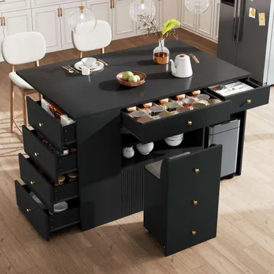 Produktbild von Verstellbare Kücheninsel mit Schubladen & Barhockern, Moderner Küchenschrank in für Ihre Küche, 140-70x40x89 cm.Schwarz