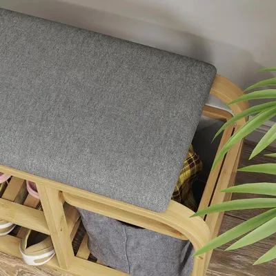 Obrázek produktu pro Botník – sedací lavice s policí na boty – sedací polštář – 2 lamely – výsuvná zásuvka potažená látkou – rozměry 70 x 30 x 45 cm – přírodní dřevo – barva: armádově zelená