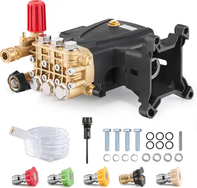 Image de SucceBuy Pompe pour nettoyeur haute pression, arbre de 1 pouce, piston triplex horizontal, 4000 PSI, 4,0 GPM, 5 buses, compatible avec Simpson, Santoprene