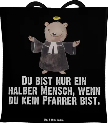 Produktbild von Mr. & Mrs. Panda Jutebeutel Pfarrer Herz - Schwarz - Geschenk, Schultasche, Tote Bag, Kirche, Pastor, Tasche, Spruch, Shopping, Laptoptasche