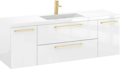 Produktbild von Rosen 140 cm Badezimmerschrank mit Waschbecken und Gold gebürstetes Griffen - Zeitloses Design für Elegantes Bad