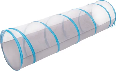 A white and blue pop-up tunnel for babies and children.