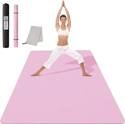 Zdjęcie produktu dla Mata do jogi XXL, mata do jogi, 183 cm x 122 cm x 6 mm, mata sportowa, mata fitness, antypoślizgowa, mata gimnastyczna z TPE z ręcznikiem, do uprawiania sportu, jogi, pilatesu, na siłownię, do domu, na trening