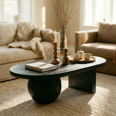 Produktbild von Couchtisch PERLA aus massivem Mangoholz, 110 x 70 cm, Schwarz - Moderner Wohnzimmertisch, Beistelltisch, Clubtisch mit außergewöhnlicher Designoptik, Sofatisch für minimalistische Einrichtungsstile