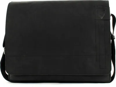 A black messenger bag is shown against a white background.