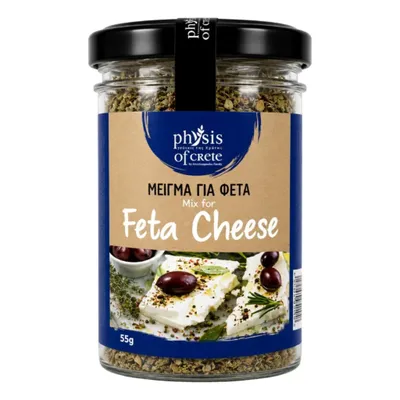 Physis of Crete Feta-Käse-Gewürzmischung im Glas auf weißem Grund