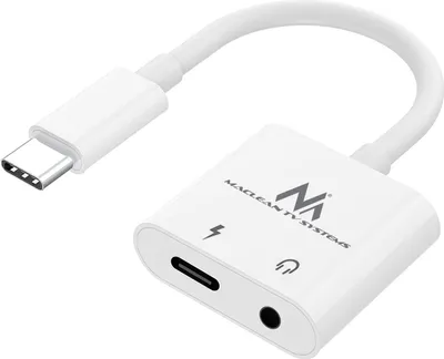 A white USB-C to 3.5mm audio adapter with Power Delivery.