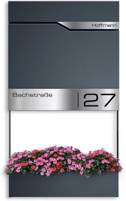 Produktbild von Moderner Briefkast mit Zeitungsfach und Blumenkasten, personalisierbar mit Namen und Hausnummer
