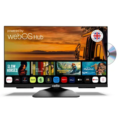Produktbild von Cello 24″ Smart Camping LED TV mit DVD Player, webOS, Triple Tuner, Pitch Perfect Sound, 12V/24V/230V Multispannung – ideal für Wohnmobil & Wohnwagen