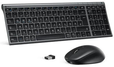 Obrázek produktu pro Bezdrátová klávesnice a myš Bluetooth, klávesnice s myší, Bluetooth + připojení až 3 zařízení současně, USB-C, nabíjecí, tichá, rozložení QWERTZ, kompatibilní s Windows, Mac, PC, Android, barva: šedá