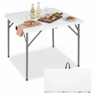 Zdjęcie produktu dla KOMFOTTEU, składany stolik, 86 cm, kwadratowy stolik kempingowy, składany, stolik ogrodowy, odporny na warunki atmosferyczne, stolik piknikowy z metalowymi nogami, stolik balkonowy z uchwytem do przenoszenia, idealny do ogrodu, balkonu i tarasu, kolor biały