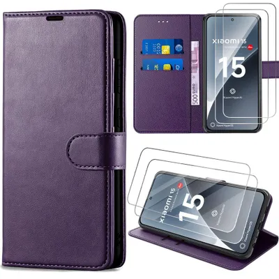 Image de Coque + 2 Verres Trempés pour Xiaomi 15, Protection Rabat Anti-Rayures Antichoc Synthécuir Violet Foncé