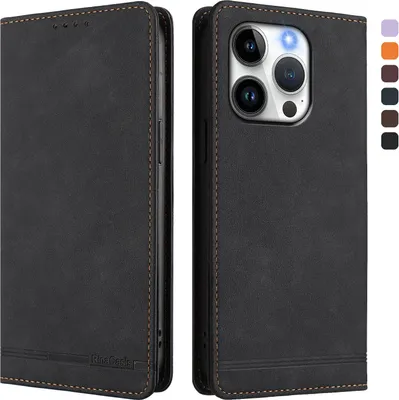 Produktbild von Hülle für iPhone 15 Pro, Retro Kunstleder Ständer Klapphülle mit Kartenfächer und Magnetische Schwarz