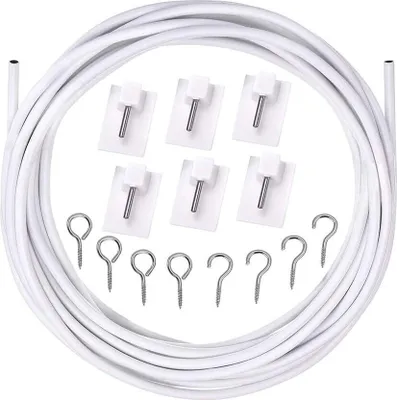 Produktbild von Vorhangdraht Weiß Set,  3 Meter Gardinendraht/4 Paar Haken und Augen Ösen zum Aufhängen/6 x Selbstklebende Haken Gardinenhaken, Gardinenseil Vorhangseilsystem für Netzvorhangstangen
