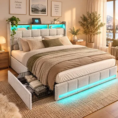 Produktbild von Polsterbett 160x200cm mit LED am Kopfteil & USB-Anschluss,Doppelbett mit 4 Schubladen,Bettgestell mit Lattenrost,Leinen,Beige(ohne Matratze)