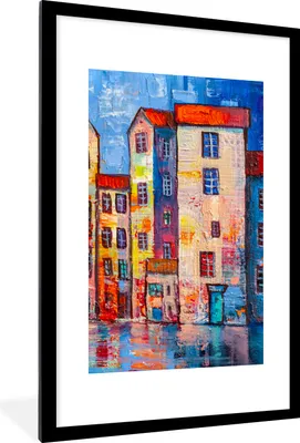 Produktbild von MuchoWow® Gerahmtes Poster Gemälde - Ölfarbe - Haus - Wasser 60x90 cm - Poster mit Schwarzem Bilderrahmen Wandposter Rahmen Foto Bilder - Dekoration - Wandposter Wohnzimmer - Hochwertig